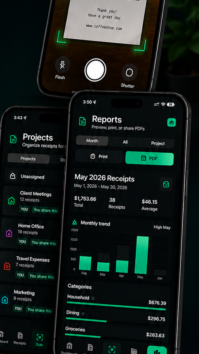 SnapReceipts app preview showing project and report screens